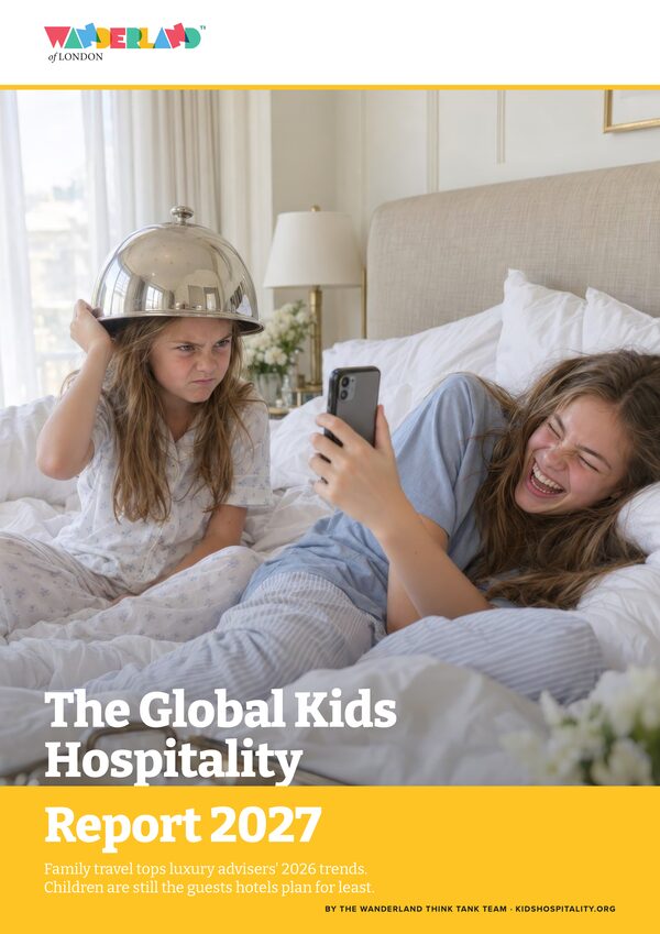 Cover of The Global Kids Hospitality Report 2027: two sisters in pyjamas on a hotel bed, one with a room-service cloche on her head