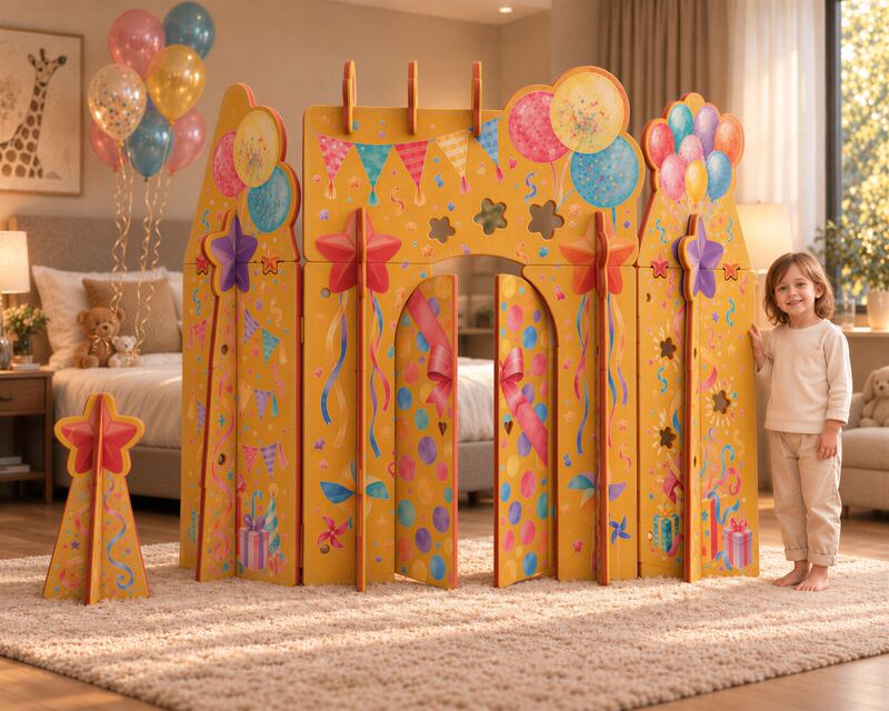Girl beside a yellow Birthday play-screen with balloons in a hotel bedroom
