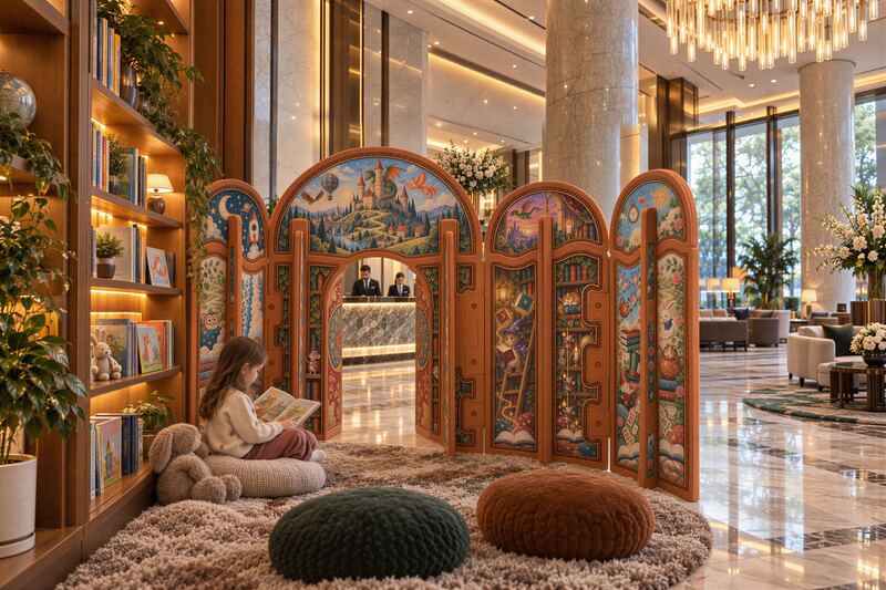 Child reading on a rug beside a fairy-tale Reading Corner play-screen in a hotel lobby